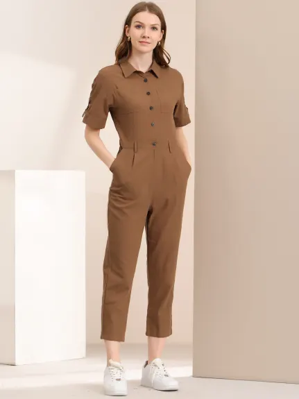 Allegra K- Turndown Collar Button up Tie Waist Cargo Jumpsuit