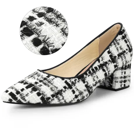 Allegra K - Pointy Toe Tweed Plaid Knitted Printing Block Heel Pump