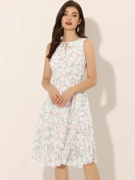 Allegra K- Floral Print Knee Length Sleeveless Pleated Dress