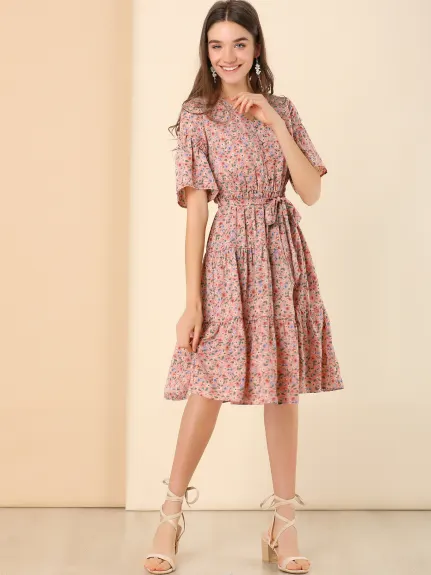 Allegra K- Tiered Ruffle Hem Elastic Waist V Neck Bell Sleeve Floral Dress