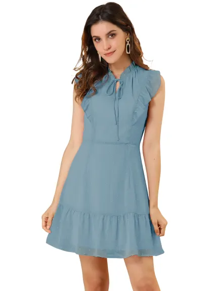 Allegra K- Swiss Dots Chiffon Ruffle Tie Neck Dress