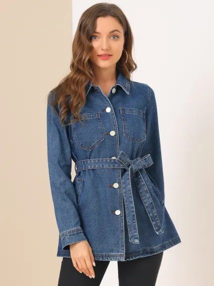 Allegra K- Veste en jean à manches raglan et ceinture à nouer à la taille