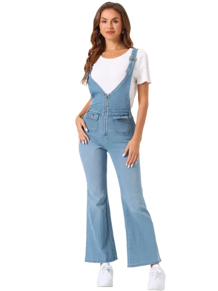 Allegra K - Bell Bottom Adjustable Bib Jeans Denim Pants