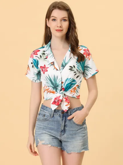 Allegra K- Beach Tropical Floral Leaves Button Down Shirt