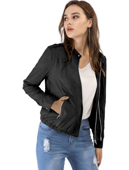 Allegra K- Lightweight Stand Collar Biker Moto Jacket