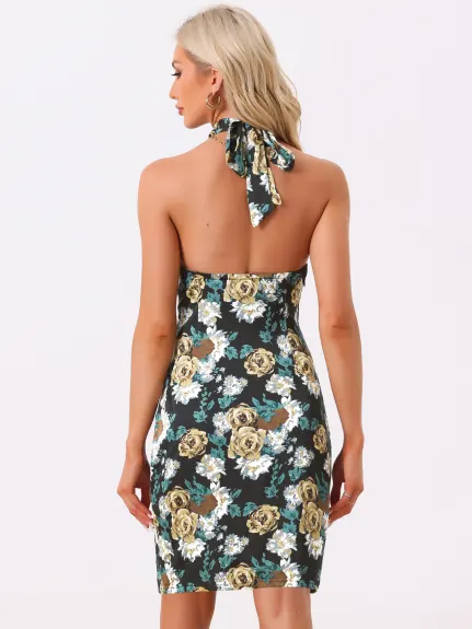 Allegra K- Floral Backless Halter Neck Satin Dress