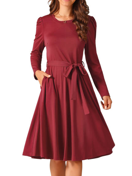 Allegra K - Puff Long Sleeve Tie Waist Casual Dress