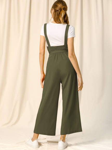 Allegra K- Wide Leg Belted Button Jumpsuit Overall