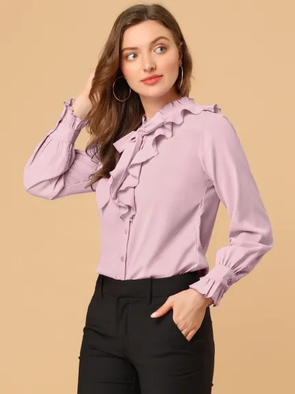 Allegra K- Ruffle Neck Cuff Button Front Shirt