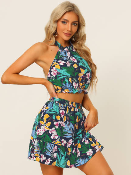 Allegra K- 2 Piece Print Halter Neck Crop Top with Short Skirt Set