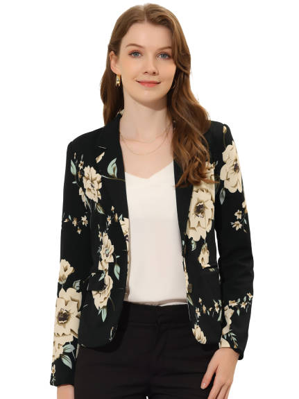 Allegra K- Floral Notched Lapel Button Closure Blazer