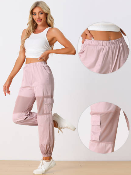 Allegra K- Mesh Panel Pant High Waist Sheer Elastic Baggy Cargo Pants