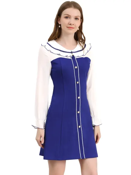 Allegra K- Doll Collar Color Block Long Sleeve Chiffon Dress