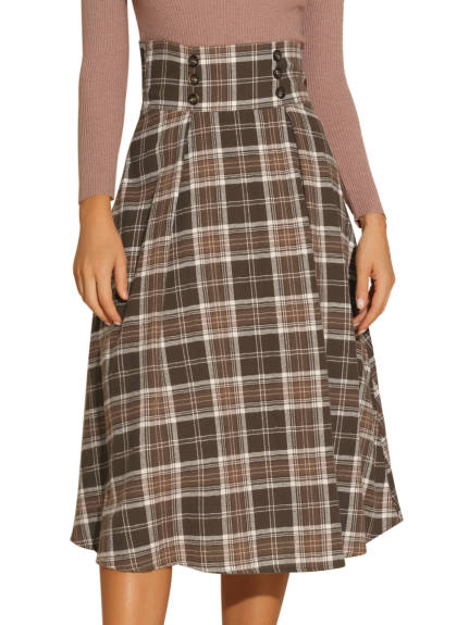 Allegra K - High Elastic Waist Fall Tartan Midi Skirt