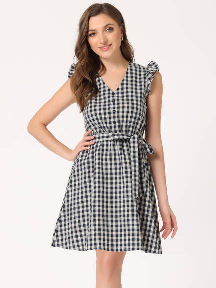 Allegra K- Ruffled Sleeve Belted A-Line Plaids Dress