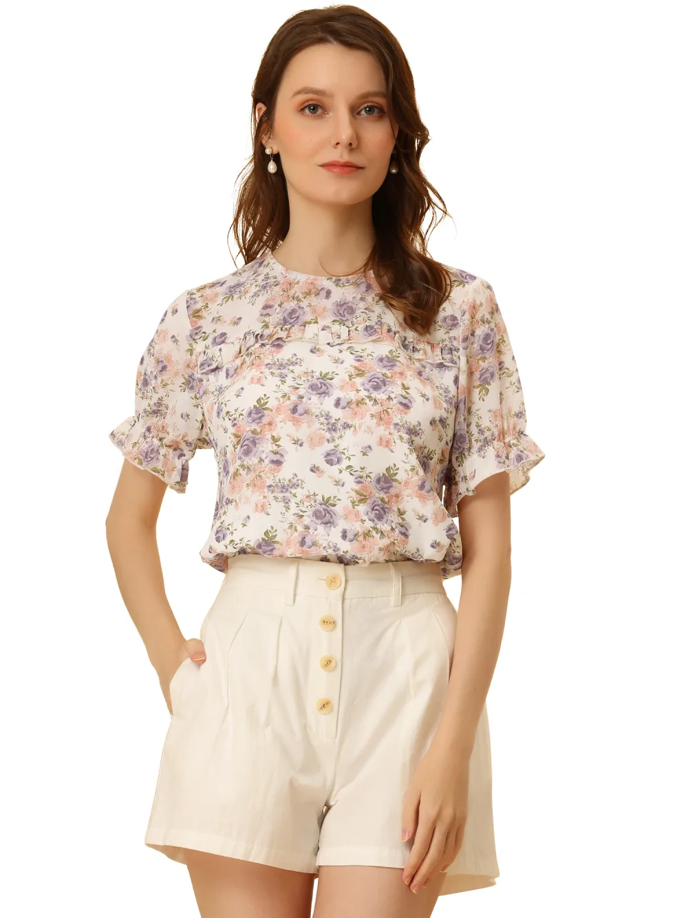 Allegra K- Blouse florale en mousseline à volants