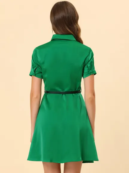 Allegra K- Satin Short Sleeve Button Down Belted Shirt Dress