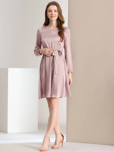 Allegra K- Round Neck Keyhole Belted Long Sleeve Satin Dress