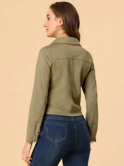 Allegra K- Faux Suede Zip Up Moto Biker Jacket