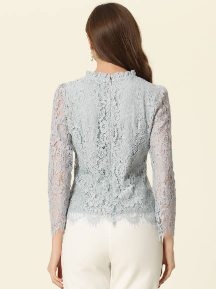 Allegra K- Ruffle Round Neck Long Sleeve Lace Floral Blouse