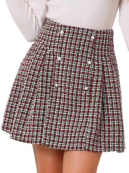 Allegra K - Plaid Tweed A-Line Button Front Skirt