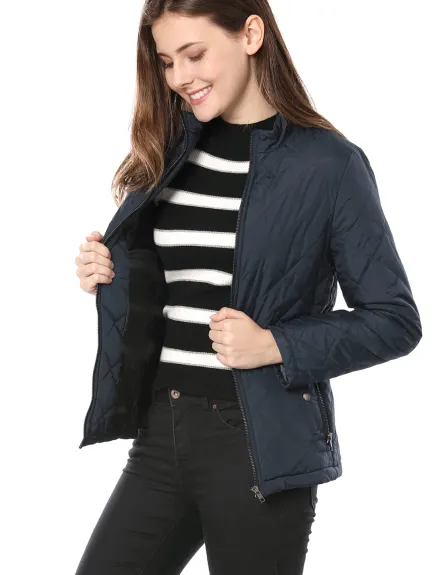 Allegra K- Long Sleeves Zip Up Lightweight Quilted Jacket