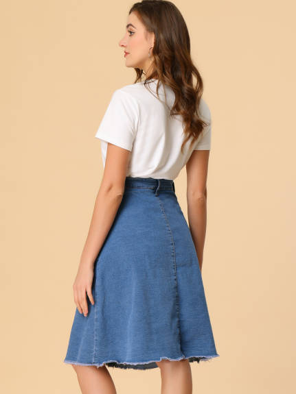 Allegra K- Raw Hem Button Down Denim Skirt