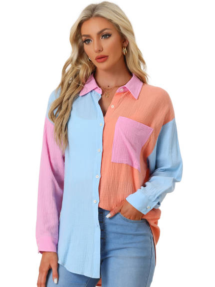 Allegra K- Color Block Button Down Shirt Blouse