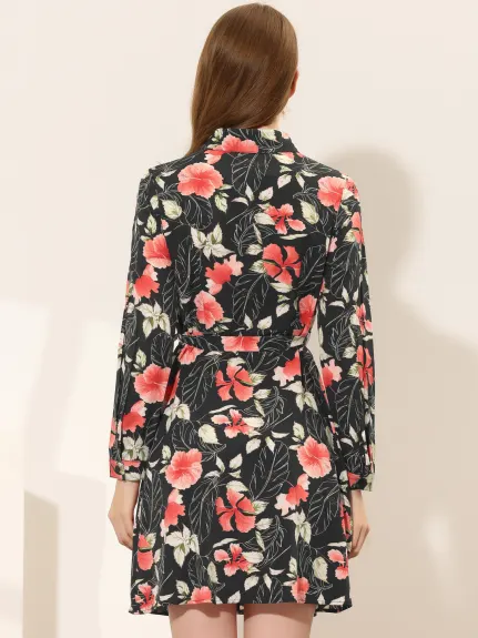 Allegra K- Lapel Button Down Belted Floral Shirt Dress