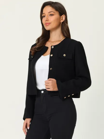 Hobemty- Long Sleeve Tweed Cropped Blazer Jacket