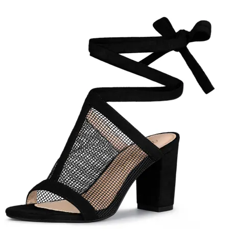 Allegra K- Mesh Block Heel Lace Up Sandals