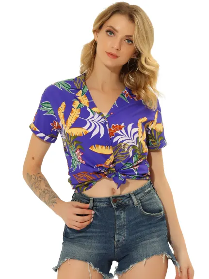 Allegra K- Beach Tropical Floral Leaves Button Down Shirt