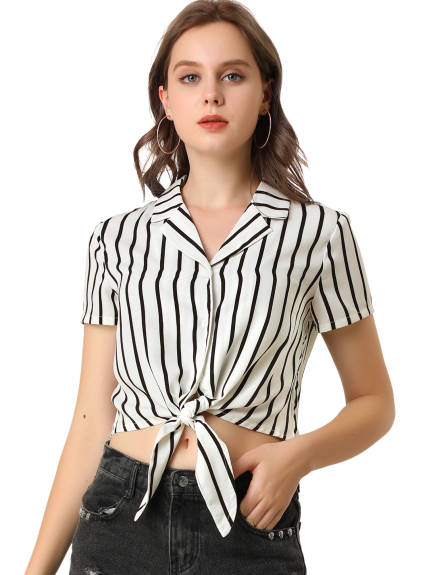 Allegra K- Striped Short Sleeve Tie Front Crop Shirt