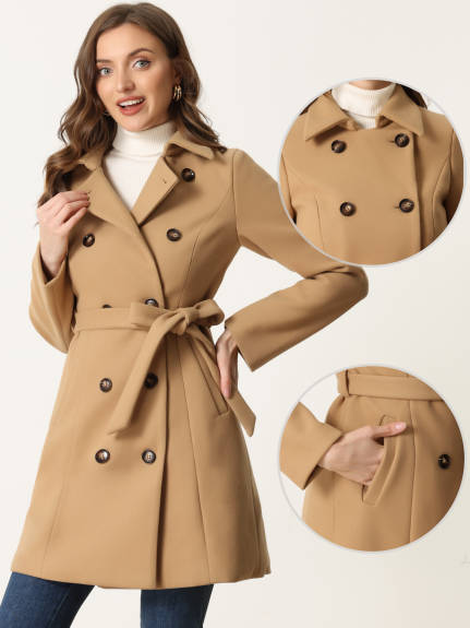 Allegra K - Double Breasted Belted Winter Pea Coat