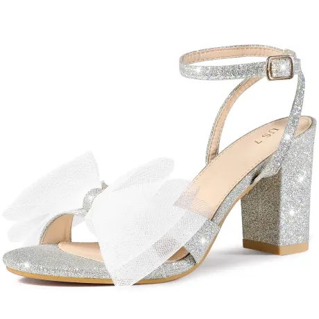 Allegra K- Chunky Heel Bow Glitter Sandals