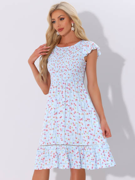 Allegra K - Fit and Flare Floral Midi Smocked Dress