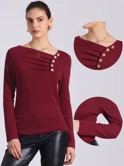 Allegra K - Asymmetrical Neck Button Decor Pleated Top