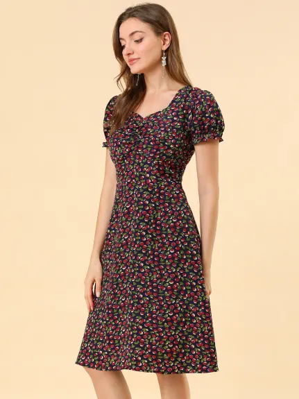 Allegra K- Floral Sweetheart Cherry Print Flare Dress