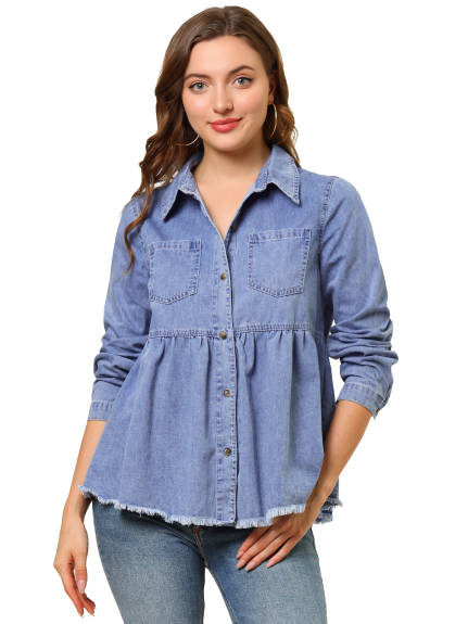 Allegra K- Long Sleeve Peplum Button Down Denim Shirt