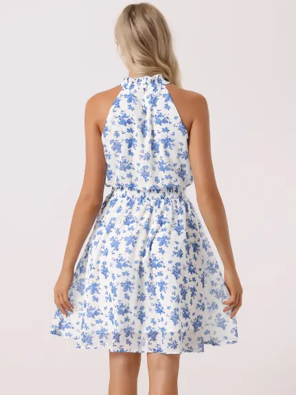 Allegra K - Halter Neck Sleeveless Smocked Floral Dress