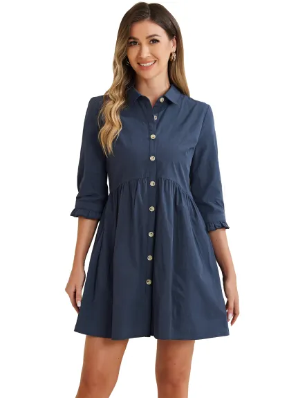 Allegra K- 3/4 Sleeve Button Up Flare Shirt Dress