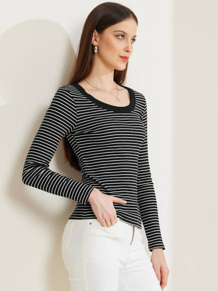 Allegra K - Stripe Scoop Neck Long Sleeve Casual Top