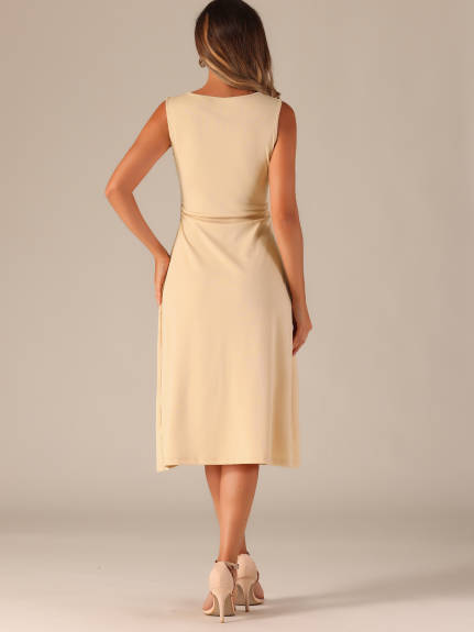 Allegra K- Ruched Crew Neck Sleeveless Midi Dress