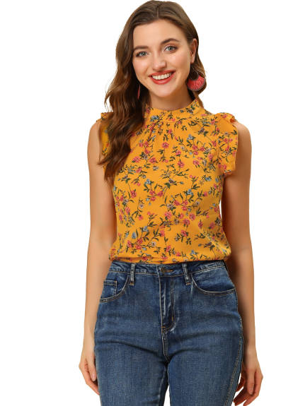 Allegra K - Casual Stand Collar Sleeveless Summer Floral Top