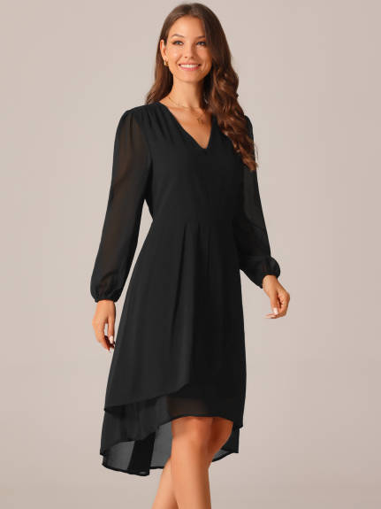 Allegra K - V Neck Lantern Sleeve Pleated Midi Dress