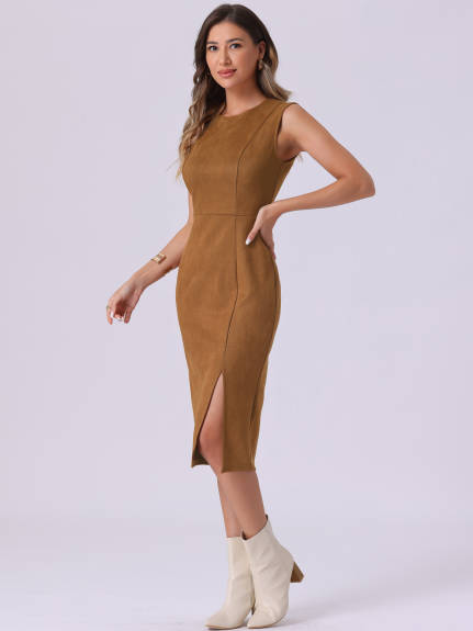 Allegra K - Faux Suede Split Hem Work Dress