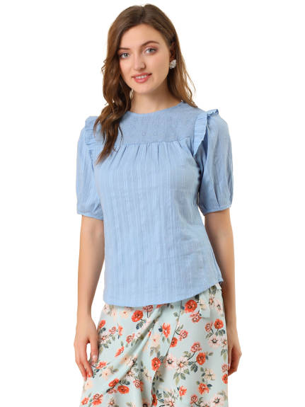 Allegra K - Cotton Round Neck Short Sleeve Ruffle Top