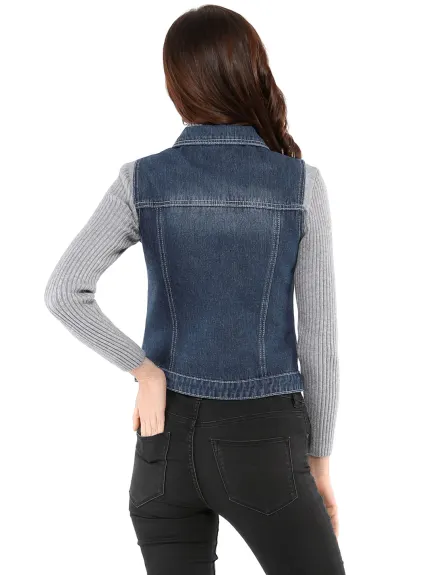 Allegra K- Gilet boutonné en denim délavé avec poches à rabat