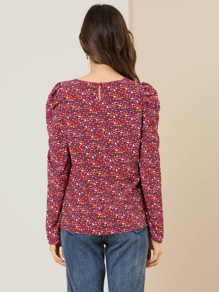 Allegra K- Retro Puff Round Neck Chiffon Blouse