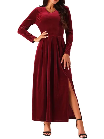 Allegra K - Elegant V-Neck Split Velvet Maxi Dress